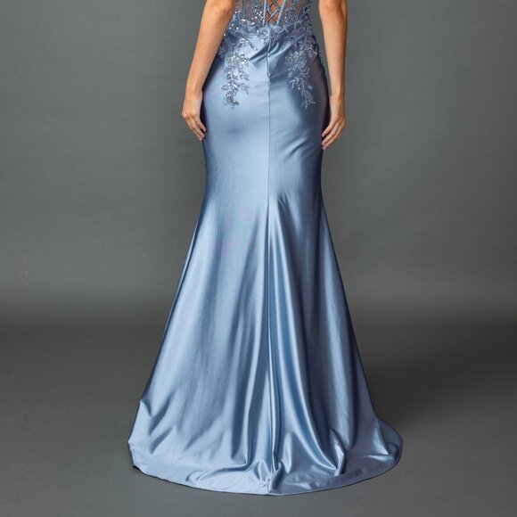 New Off Shoulder Maxi Prom Gown w/ Floral Lace Over Sheer Boned Bodice DQ 4540 - Picture 8 of 8